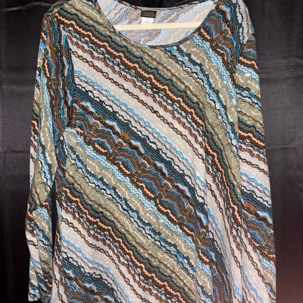 Salon Studio XL Long Sleeve Abstract Stripe Top Blue Brown